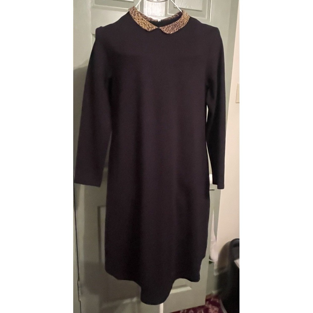 Vintage J. McLaughlin Black Dress Leopard Print Peter Pan Collar-Pockets Medium